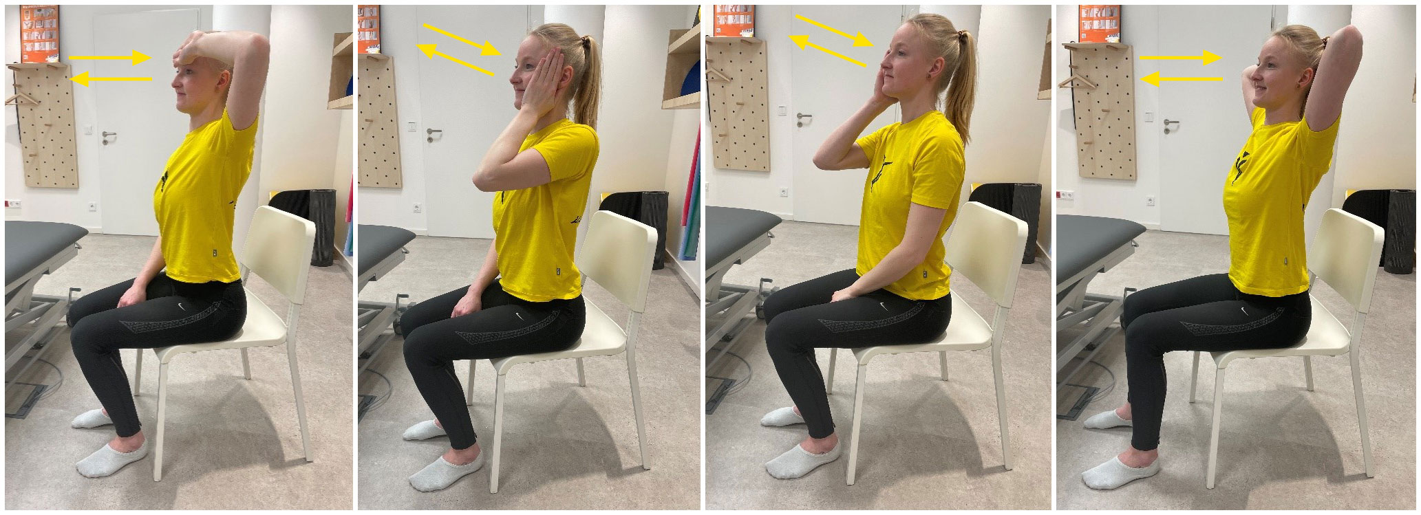 Frau zeigt in 4 Bildern Übungen zur Physiotherapie bei einem Bandschiebenvorfall 